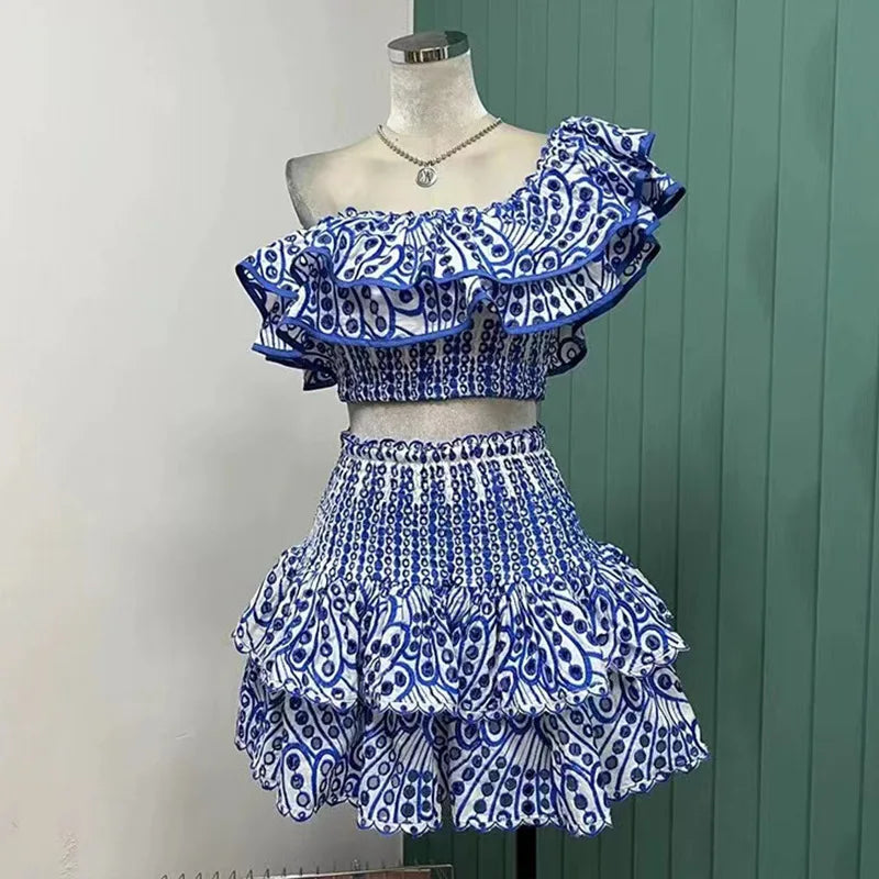 2025 Spring Summer New Lace Two Pieces Sets Off-Shoulder Crop Top + Flounce Hem Skirt Co-ord Set