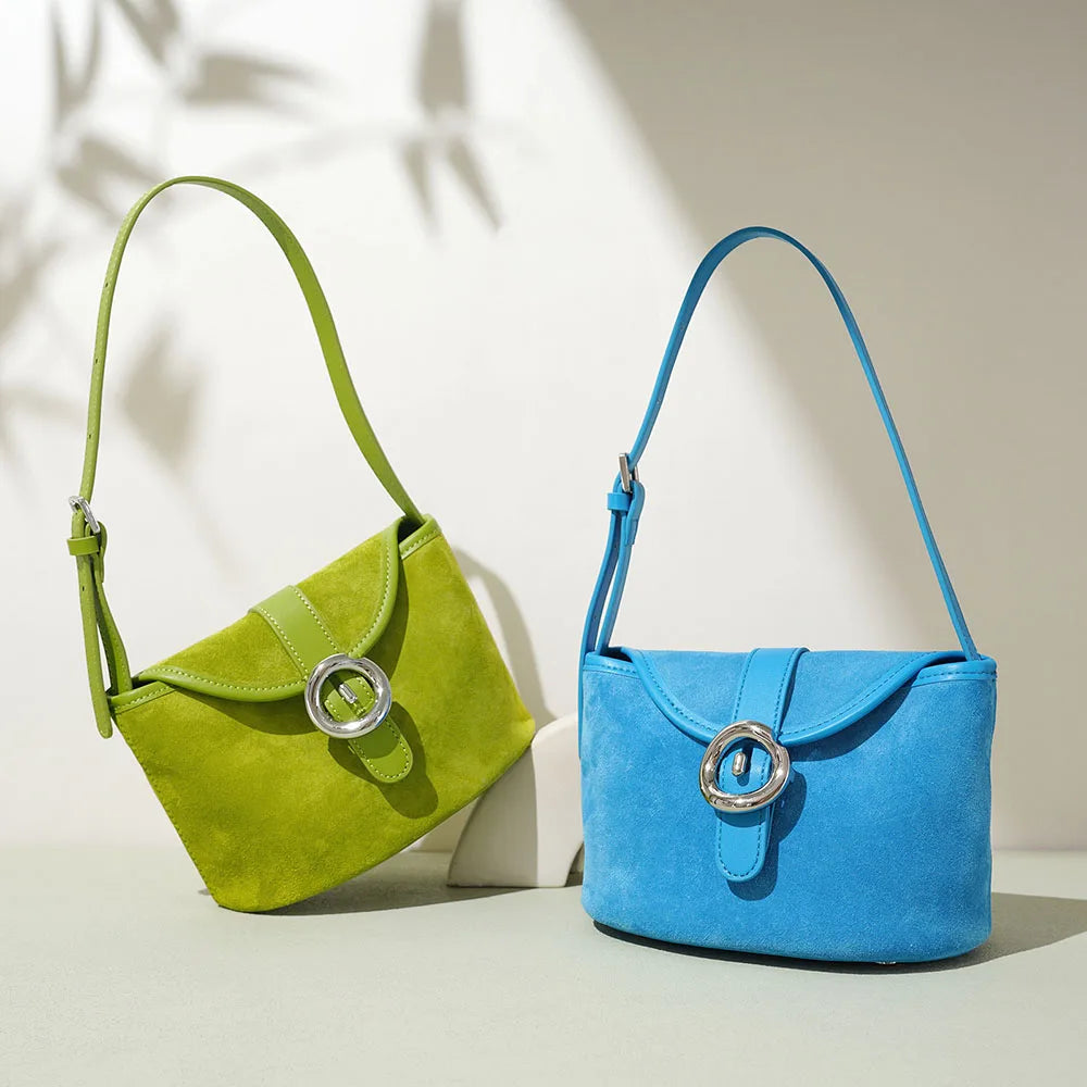 Women's Fashionable Genuine Cowhide Leather Handbag Matte Suede Shoulder Crossbody Bag Mini Small Square Bag