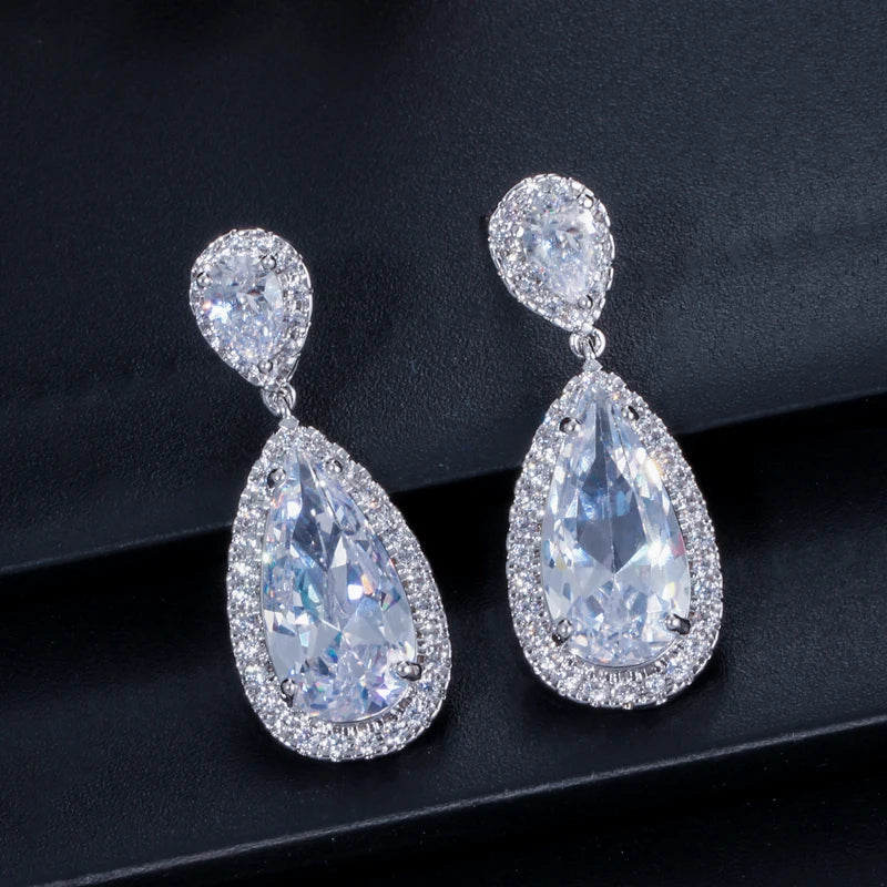 White Gold Plated Cubic Zirconia Crystal Long Tear Drop Dangling Bridal Earrings for Women Party Jewelry Gift with Safe Pin