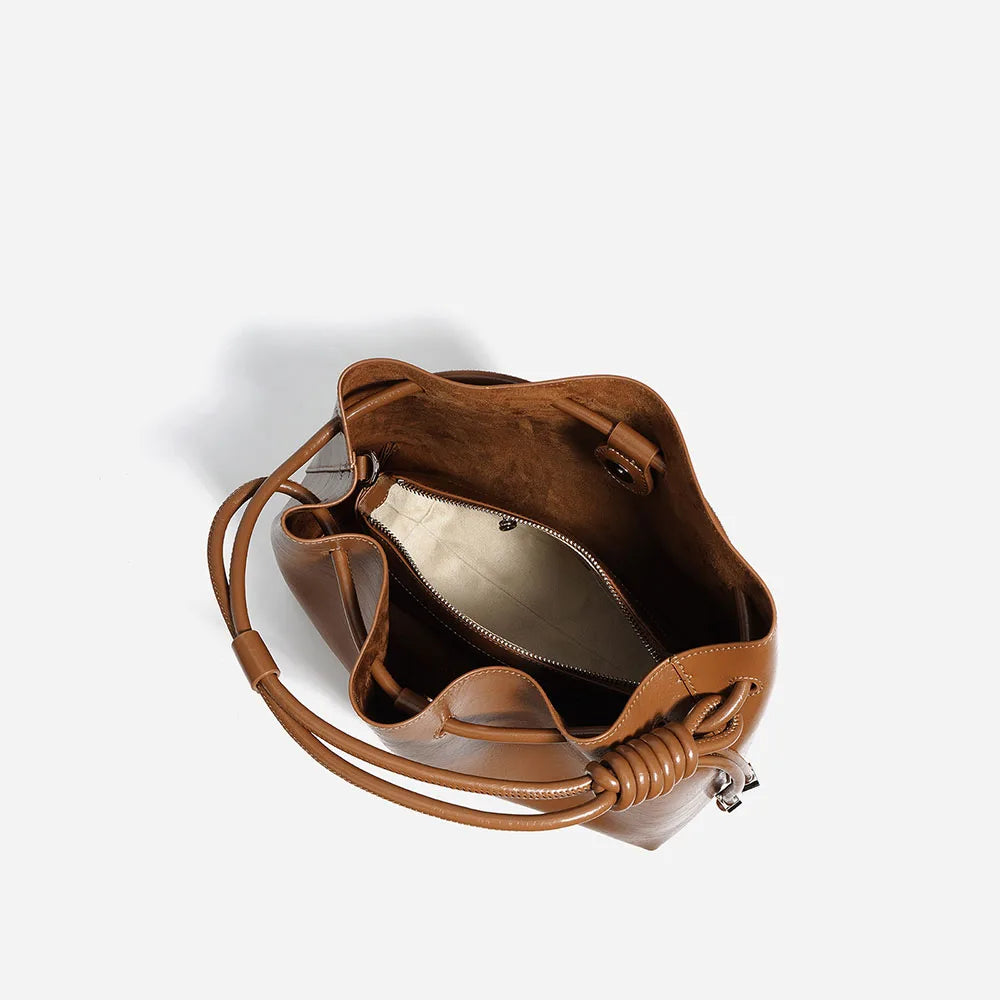 Ladies Luxury Genuine Cowhide Leather Drawstring Bucket Handbag Vintage Women's Quality Bag for All Seasons