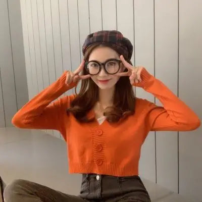 Korea Design Fashion Women's Sweet Style Sweater High Waist Long-sleeve V-neck Knitting Buttons Cardigan