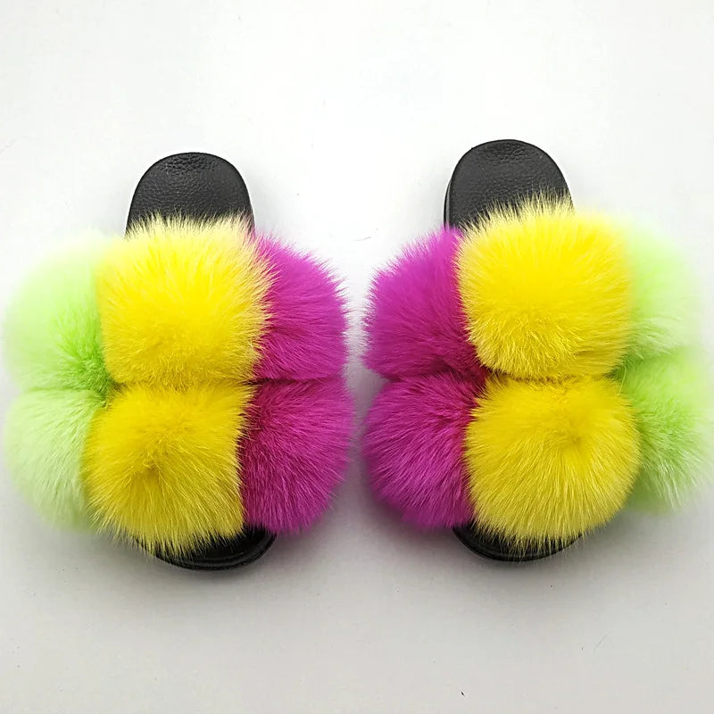 Woman Elegantes Adjustable Slides Fluffy Platform Sandal Rainbow Faux Fur Slippers