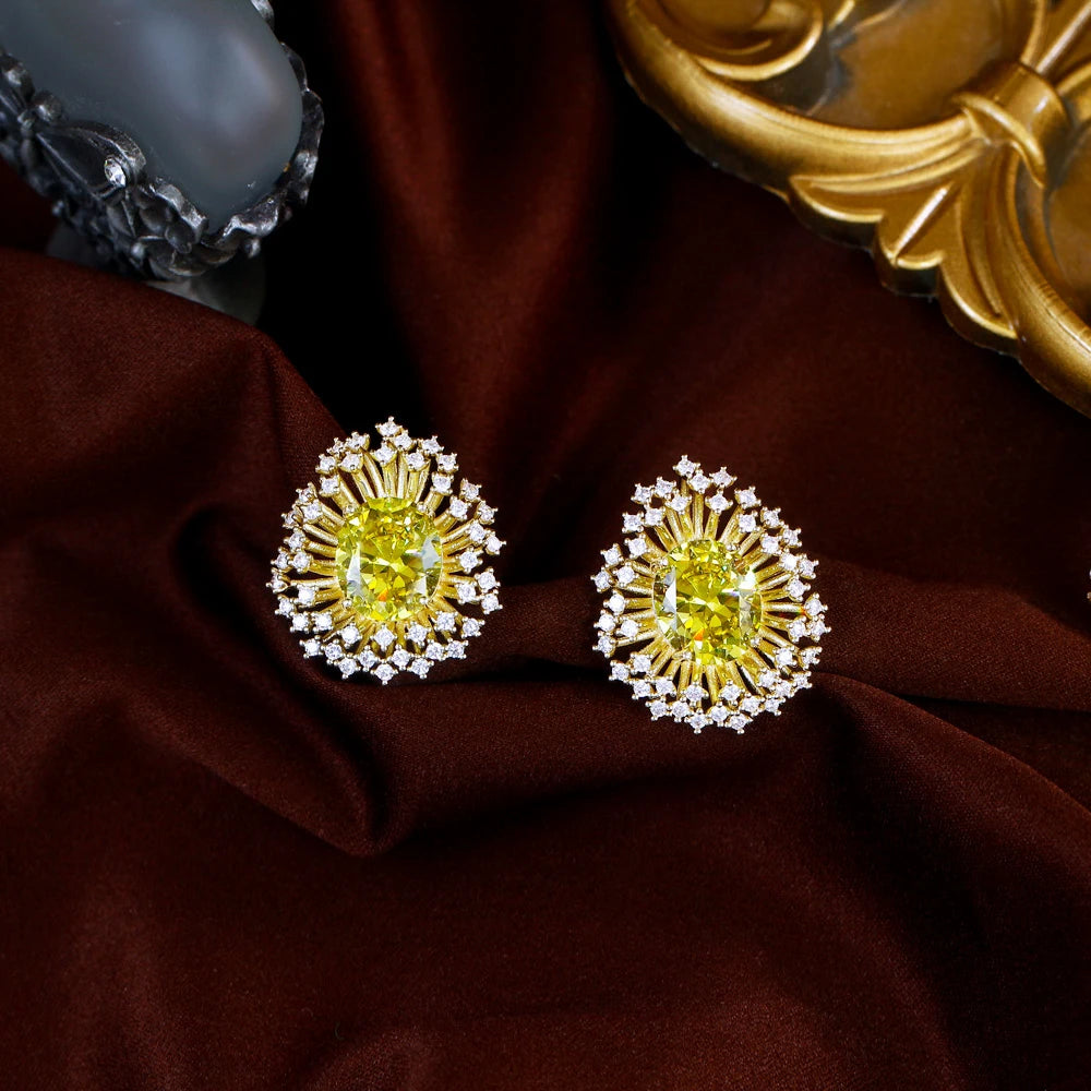 New Trendy Shiny Unique Olive Green Zircon Yellow Gold Plated Big Fireworks Shaped Stud Earrings for Women Daily Party Jewelry