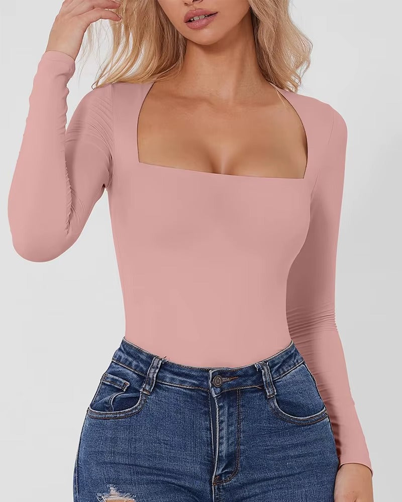 2PCS New Style Women's Sexy Square Neck Bodysuit Long Sleeve Double Lined Shirt Tops