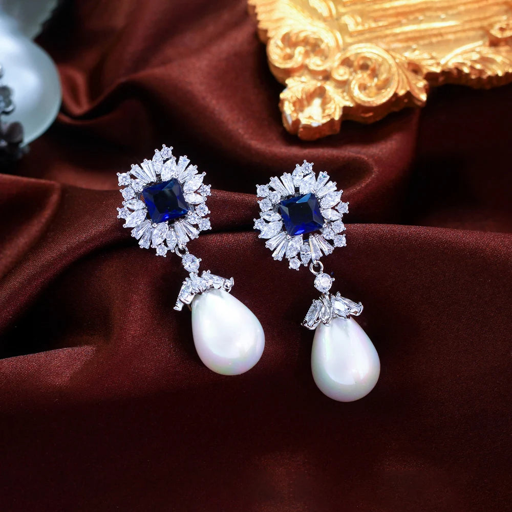 Vintage Luxury White and Royal Blue Cubic Zirconia Brides Big Simulated Pearl Dangle Drop Earring for Women Wedding Party