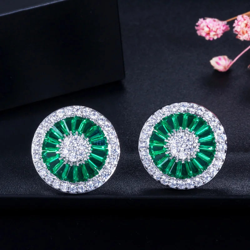 Noble Romantic Dark Blue Crystal Jewelry Luxury Round Cubic Zircon Wedding Big Stud Earrings for Women Party Gift