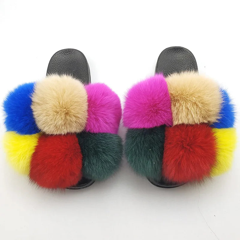 Woman Elegantes Adjustable Slides Fluffy Platform Sandal Rainbow Faux Fur Slippers