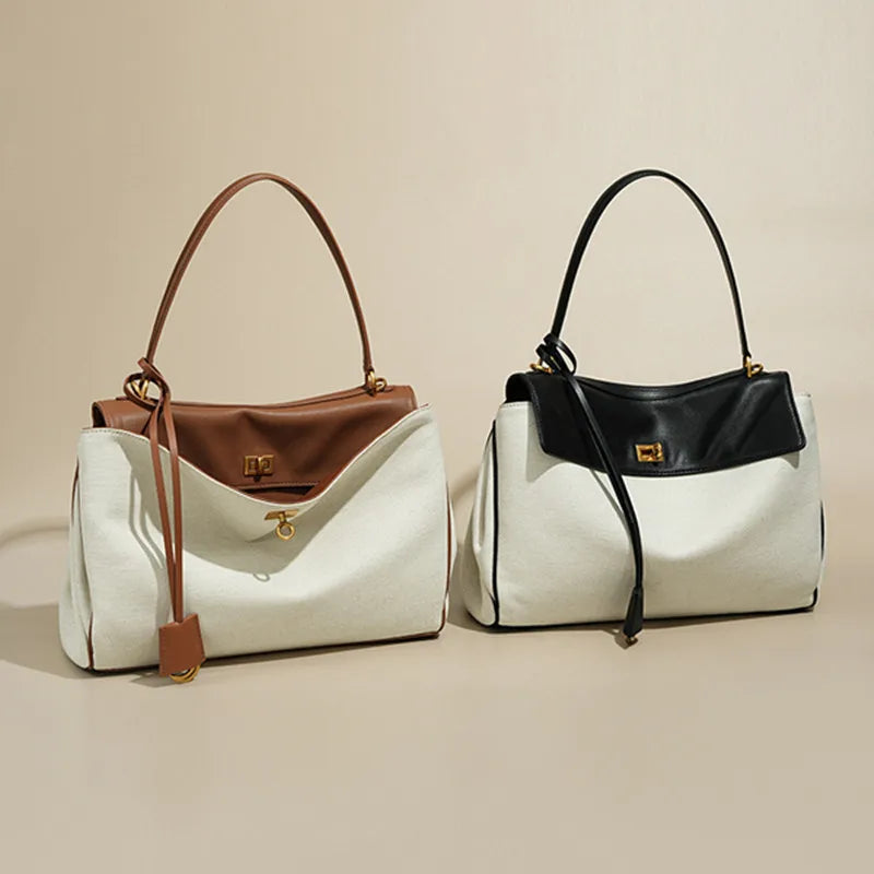 Large Capacity Luxury Women's Genuine Leather Canvas Tote Bag 2025 Handbag with Excellent Comfort and Style