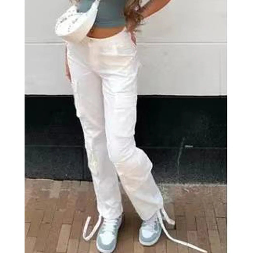 2025 Girls Fashion Loose Cotton Straight Pants Street Hip-hop Outwear Front Pocket Long Overalls Trousers Women's Clothing