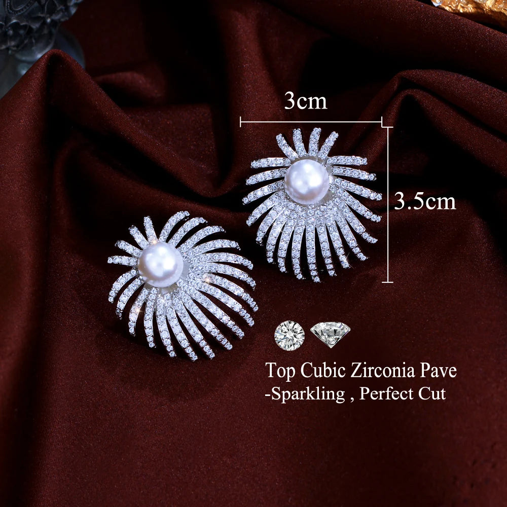Dazzling White Cubic Zirconia Distinctive Design Imitation Pearl Big Stud Earrings for Women Appointment Engagement Jewelry