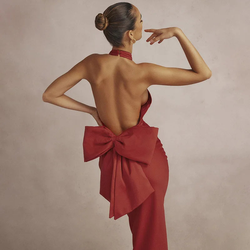 Custom Sexy Hang Neck Backless Red Big Bow Party Prom Gowns Evening Long Dresses for Women