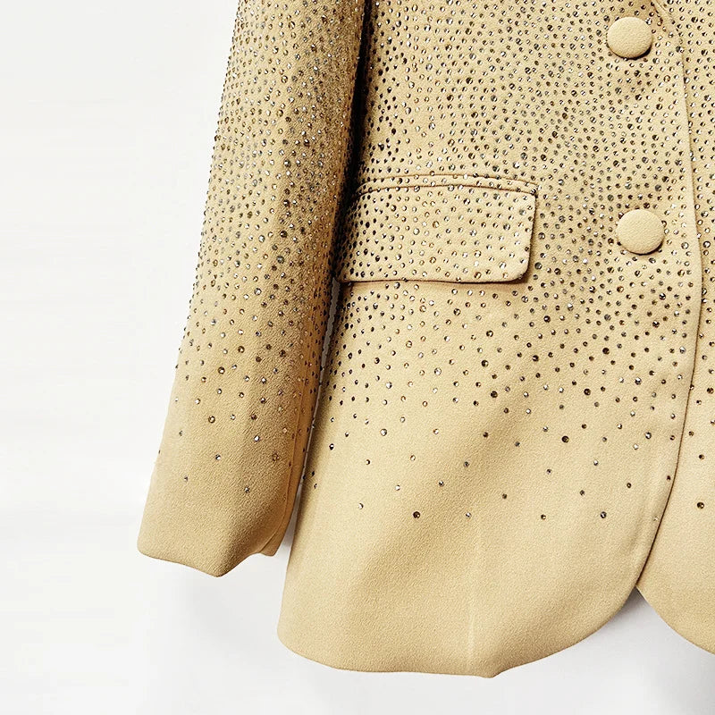 Women Diamond Crystal Beading Blazer for Women V-Neck Formal Wear Jacket Beige Spring Autumn Style