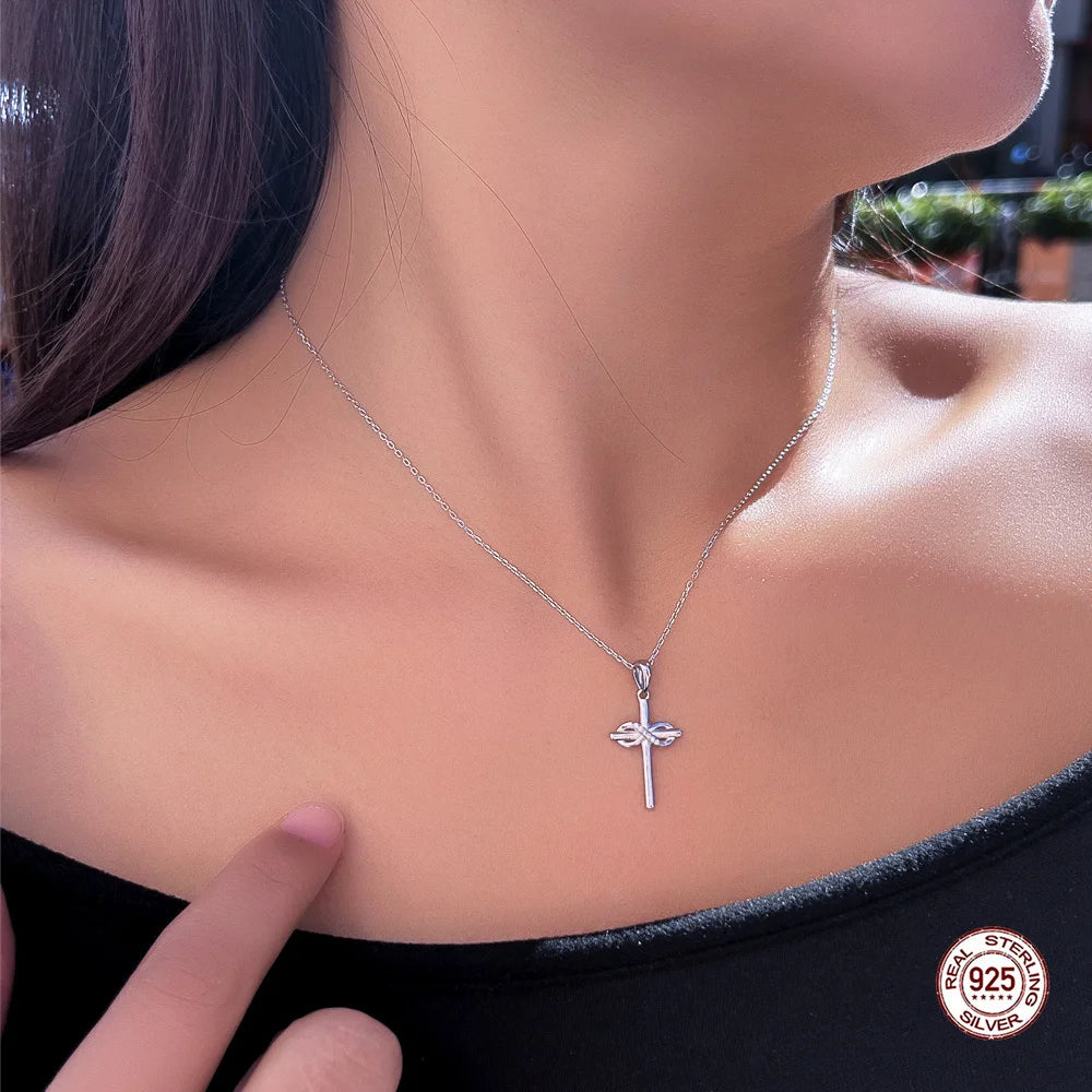 Fashionable Cubic Zircon 925 Sterling Silver Chain Link Infinite Symbol Cross Pendant Necklace for Women Men Daily Wear Jewelry