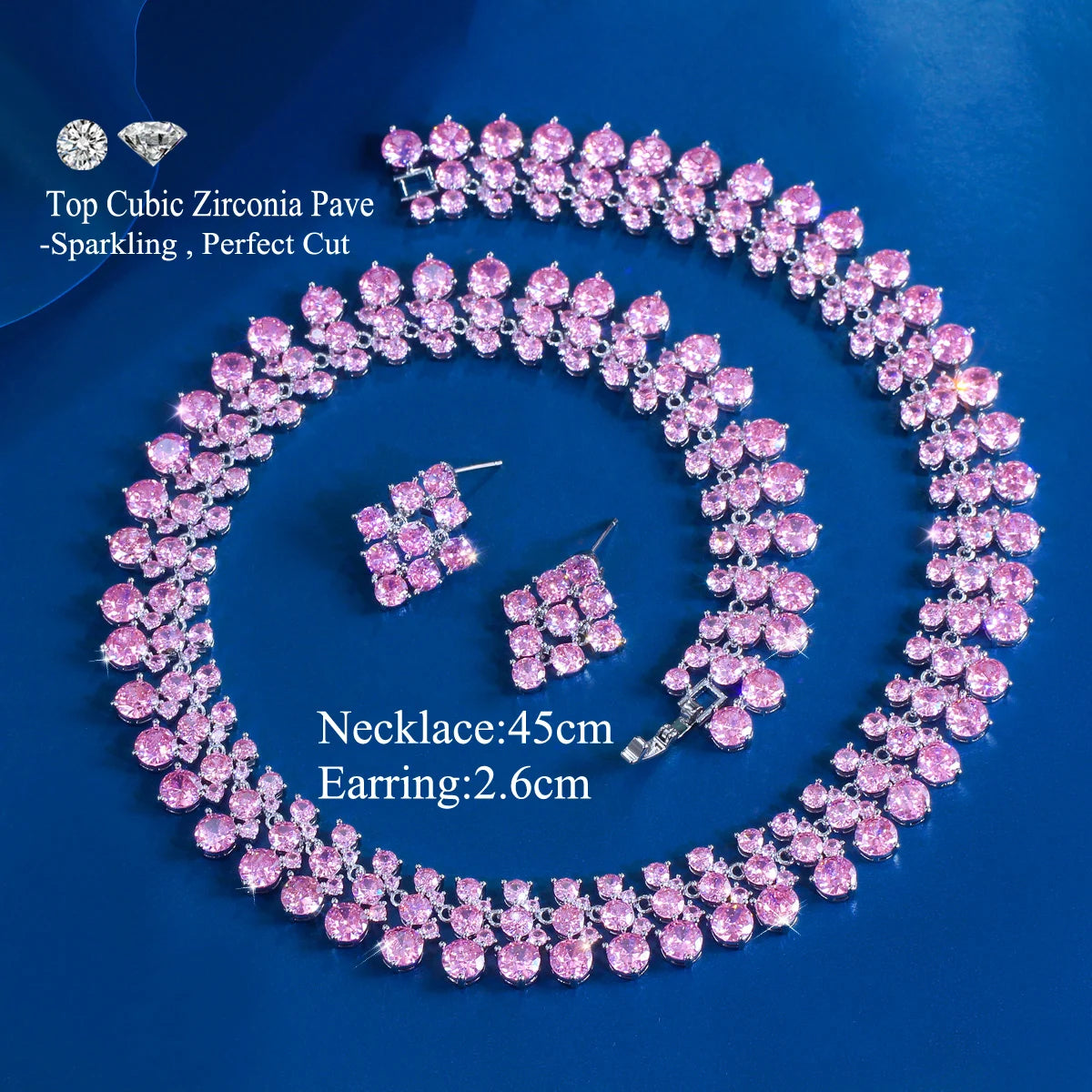 Super Luxurious Round Cubic Zirconia Necklace and Earrings Engagement Wedding Romantic Pink Chunky Big Jewelry Set for Women
