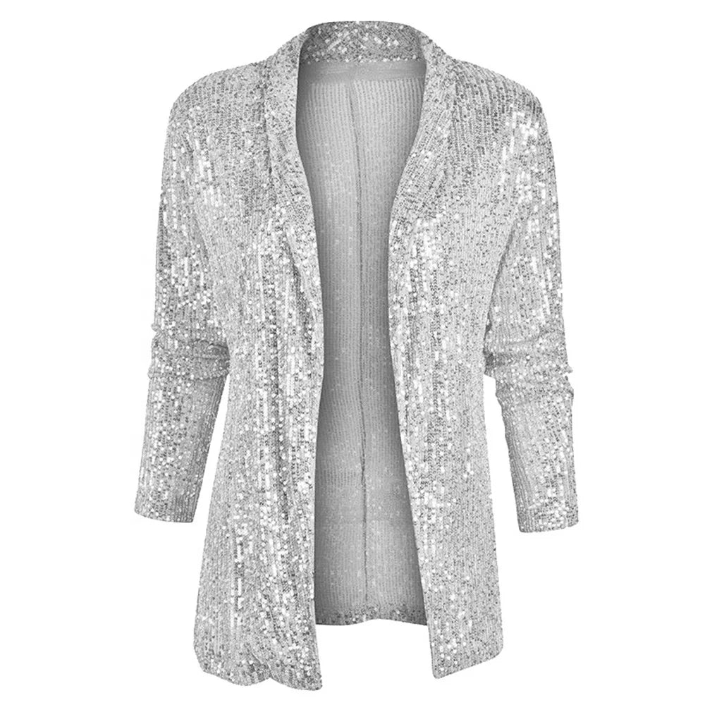 Glitter Long Sleeved Temperament Medium Length Small Suit Lapel Color Coat for Women