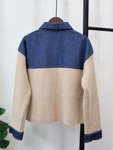 2025 Autumn Winter New Spliced Denim Knitted Cardigan Short Korean Version Loose and Versatile Design Sweater Jacket