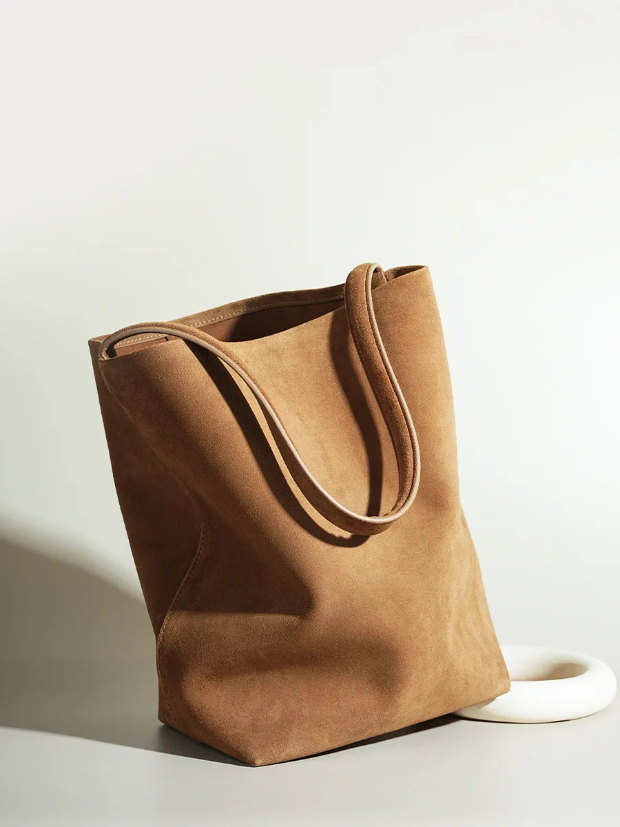 2025 Autumn New Women Suede Genuine Leather Bucket Tote Underarm Shoulder Bag Leather Handbag for Ladies Hand Bag High Quality
