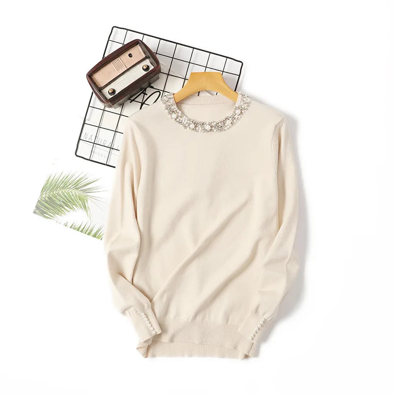 New Autumn Winter Beaded Pullover Sweater Women's Round Neck Long-sleeved Sweater Loose Thin Sweater