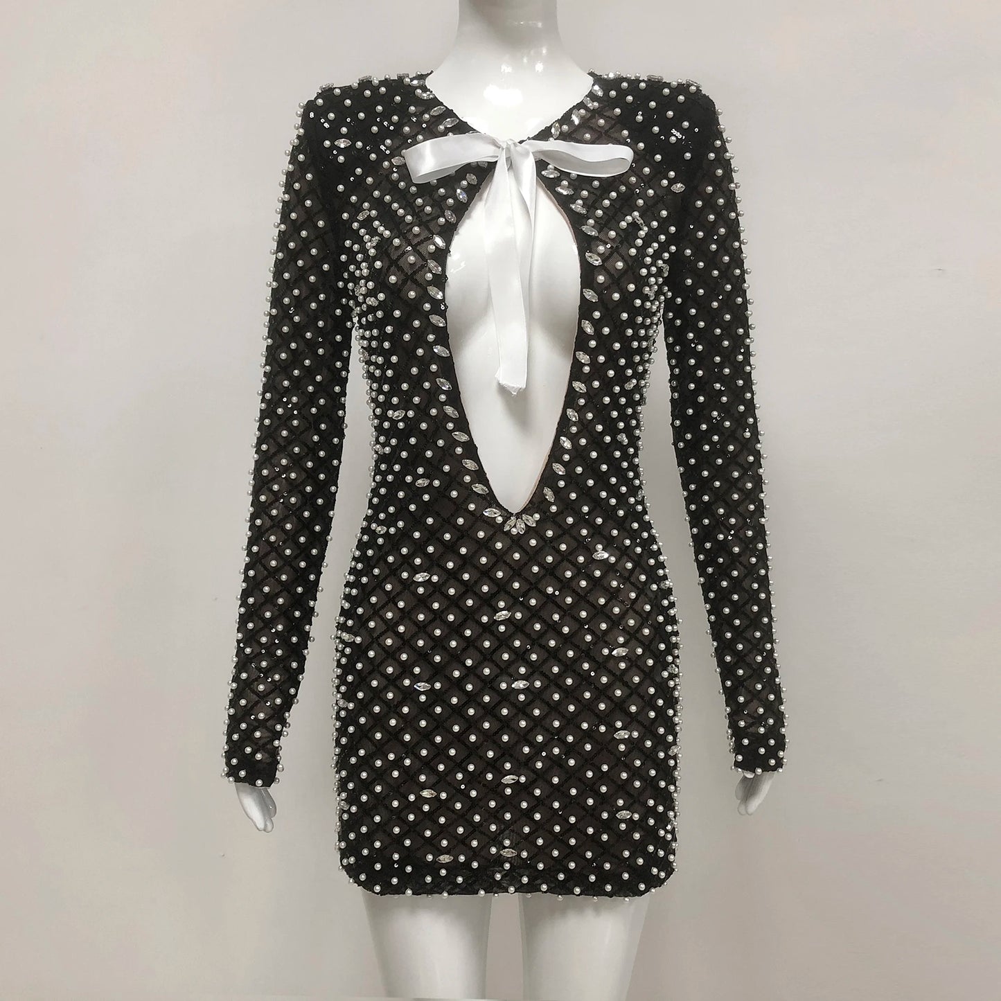 Women Pearls Sequin Black Mini Dress Cut-out Short Party Wear Club Dresses Outfits for Women Sexy