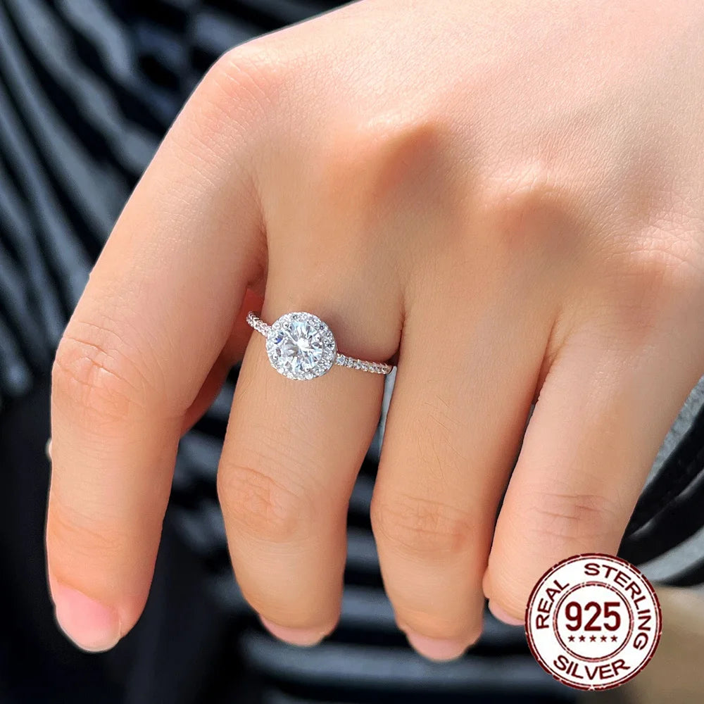 Luxury Round Cut Shiny Diamond Like Cubic Zirconia S925 Sterling Silver Wedding Brides Promise Finger Ring for Women