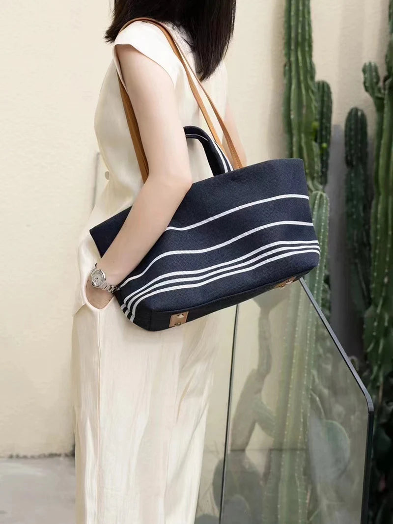 2026 Fall, Summer New Women Bag Beach Totes Lady Stripe Handbag Female Denim Striped Woven Shopping Shoulder Bag