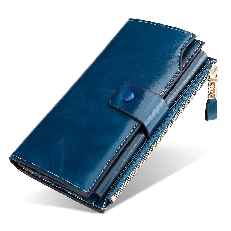 Fashion Real Leather Women RFID Clutch Purse with Strap Long Handle Wallet