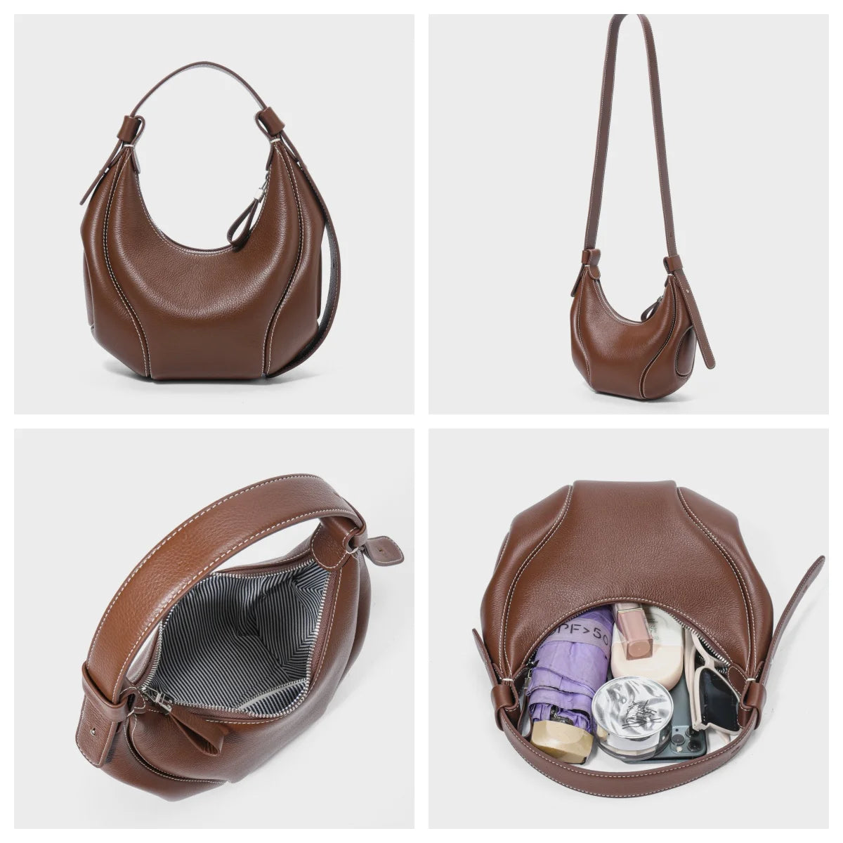 Women's Customized Half-Moon Underarm Shoulder Handbag Fashionable Genuine Cowhide Leather Bag Adjustable Strap Full-Grain