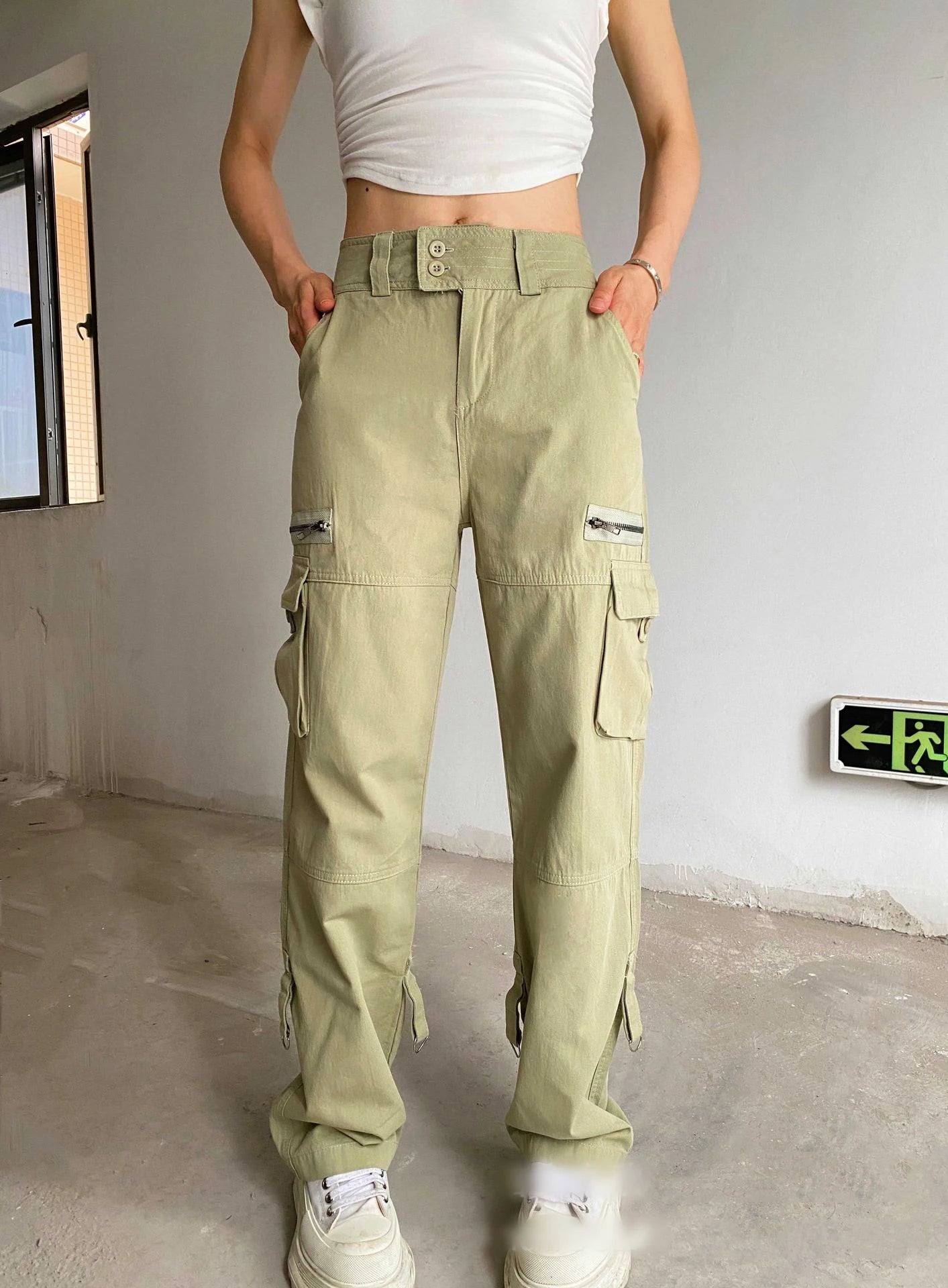 Girls Cargo Long Pants Cotton Pockets Europe Straight Wide Leg Pants Fashion Multi-pocket Retro Trousers Casual Cargo Pants