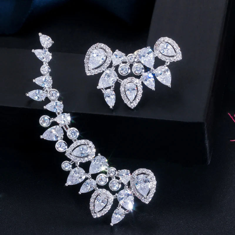 CZ Rainbow Color Water Drop Long Asymmetrical Ear Climber Clamp Cuff Stud Earrings for Wife Sister Gift Unique Design