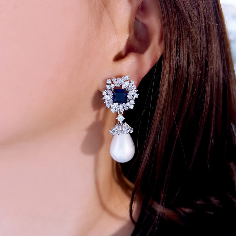 Vintage Luxury White and Royal Blue Cubic Zirconia Brides Big Simulated Pearl Dangle Drop Earring for Women Wedding Party