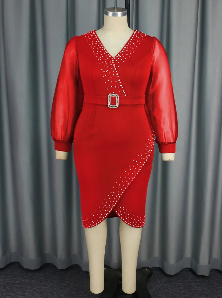 Tulle Lantern Sleeves V Neck Office Lady Beading Career Dress with Belt