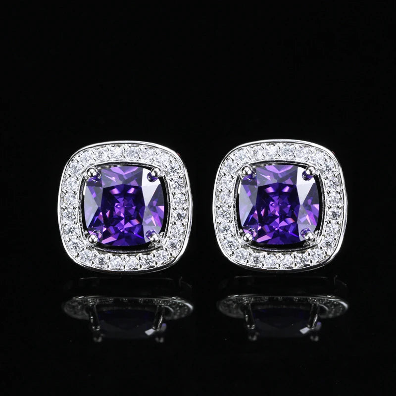 8 Color Options High Quality Square Shaped Cubic Zircon Stone Pink Crystal Fashion Stud Earrings for Women Daily Wear Jewelry