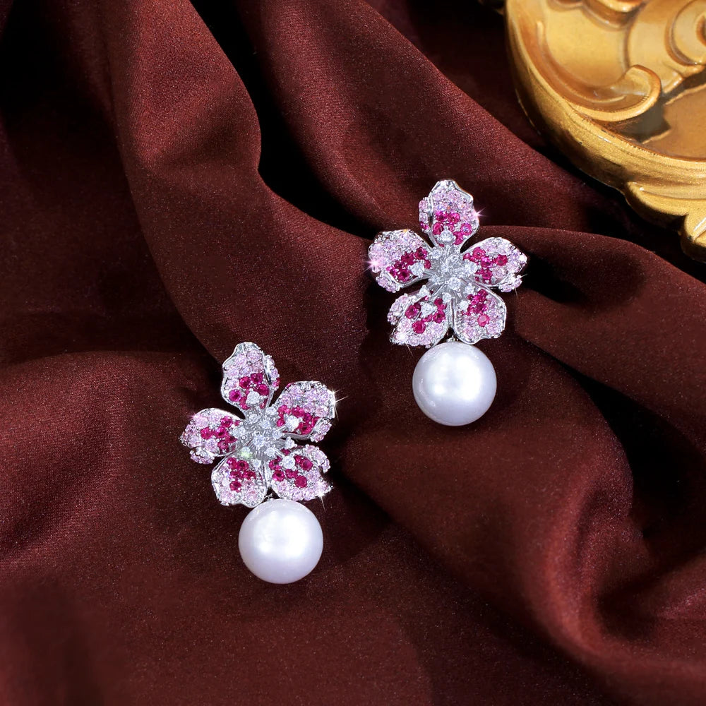 Delicate Shiny Pink Red Cubic Zirconia Big Simulated Pearl Long Flower Dangle Drop Earrings for Women Bridal Party Jewelry