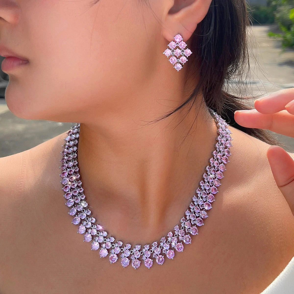 Super Luxurious Round Cubic Zirconia Necklace and Earrings Engagement Wedding Romantic Pink Chunky Big Jewelry Set for Women