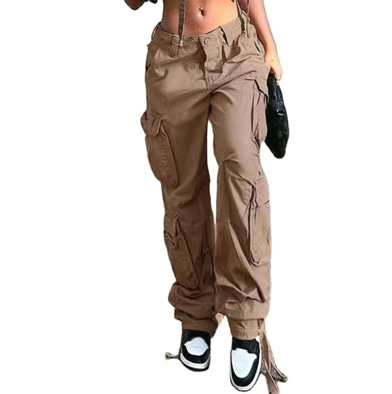 2025 Girls Fashion Loose Cotton Straight Pants Street Hip-hop Outwear Front Pocket Long Overalls Trousers Women's Clothing