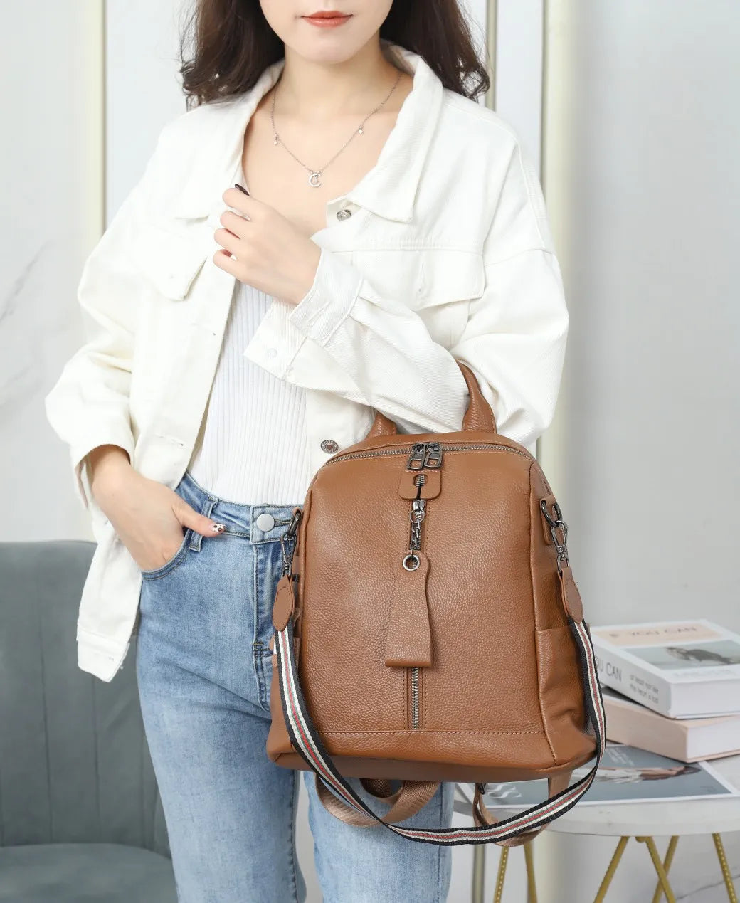 High Quality Girls Genuine Real Leather Backpack Casual Shoulder Bag Full Grain Cowhide Luxury Handbag for Lady Girl Wholesale