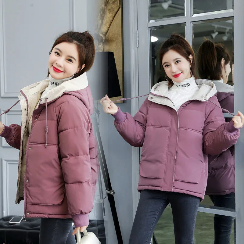 2025 Winter New Women's Classic Padded Jacket Casual Slim Short Coat with Hood Long Sleeve Solid Color Zipper Loose Casual Style