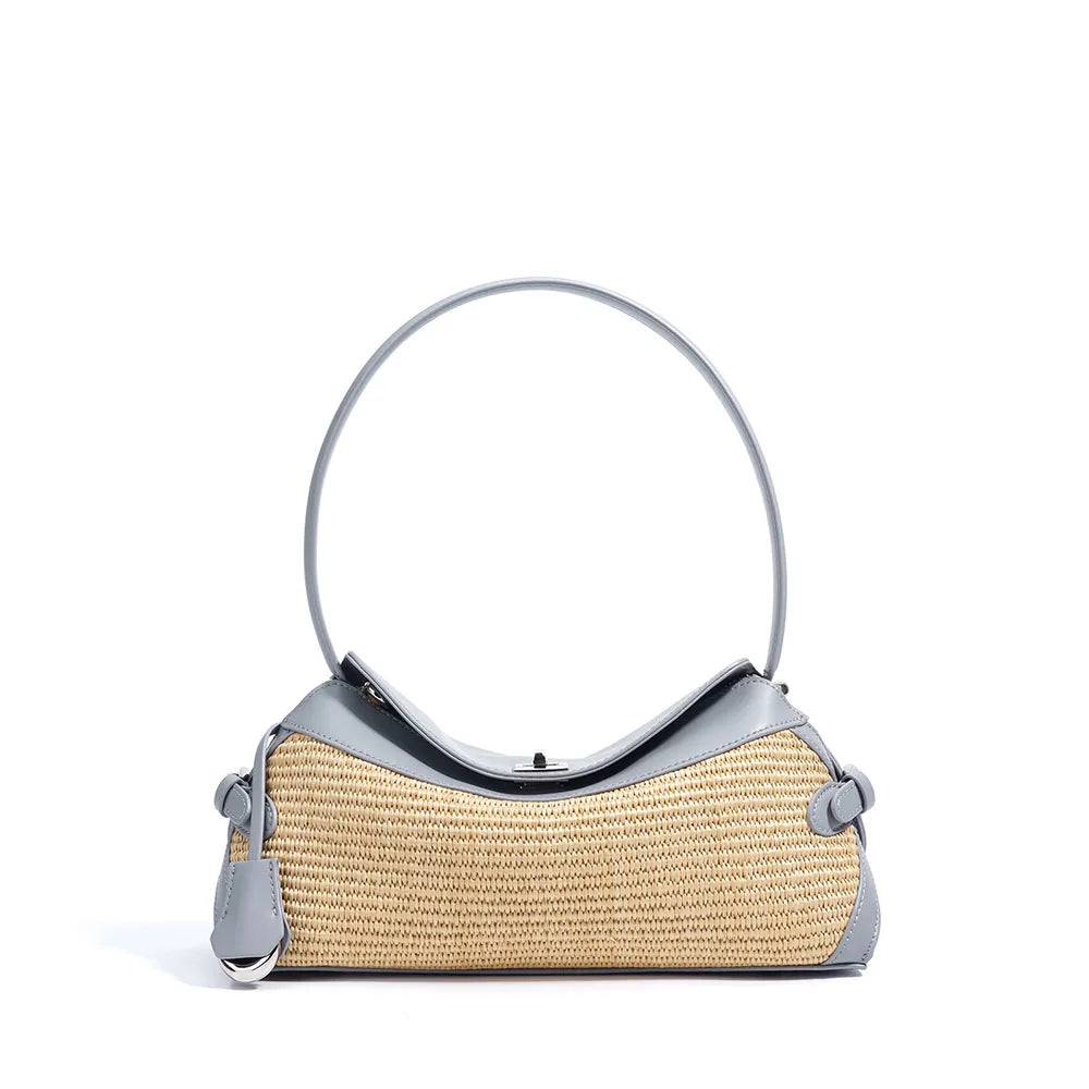 High Quality Genuine Leather Women's Handbag Casual Crossbody Sling Raffia Shoulder Bag PP Straw Fashionable Female Tote Bag