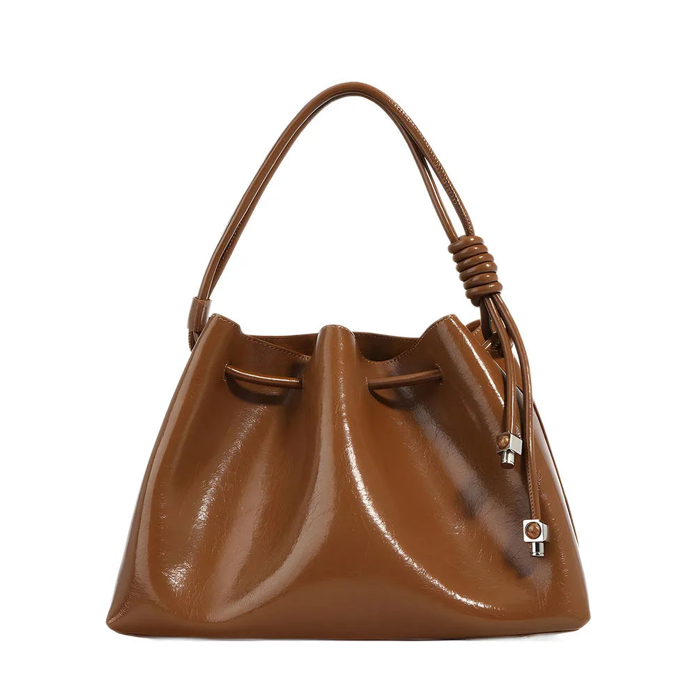 Ladies Luxury Genuine Cowhide Leather Drawstring Bucket Handbag Vintage Women's Quality Bag for All Seasons