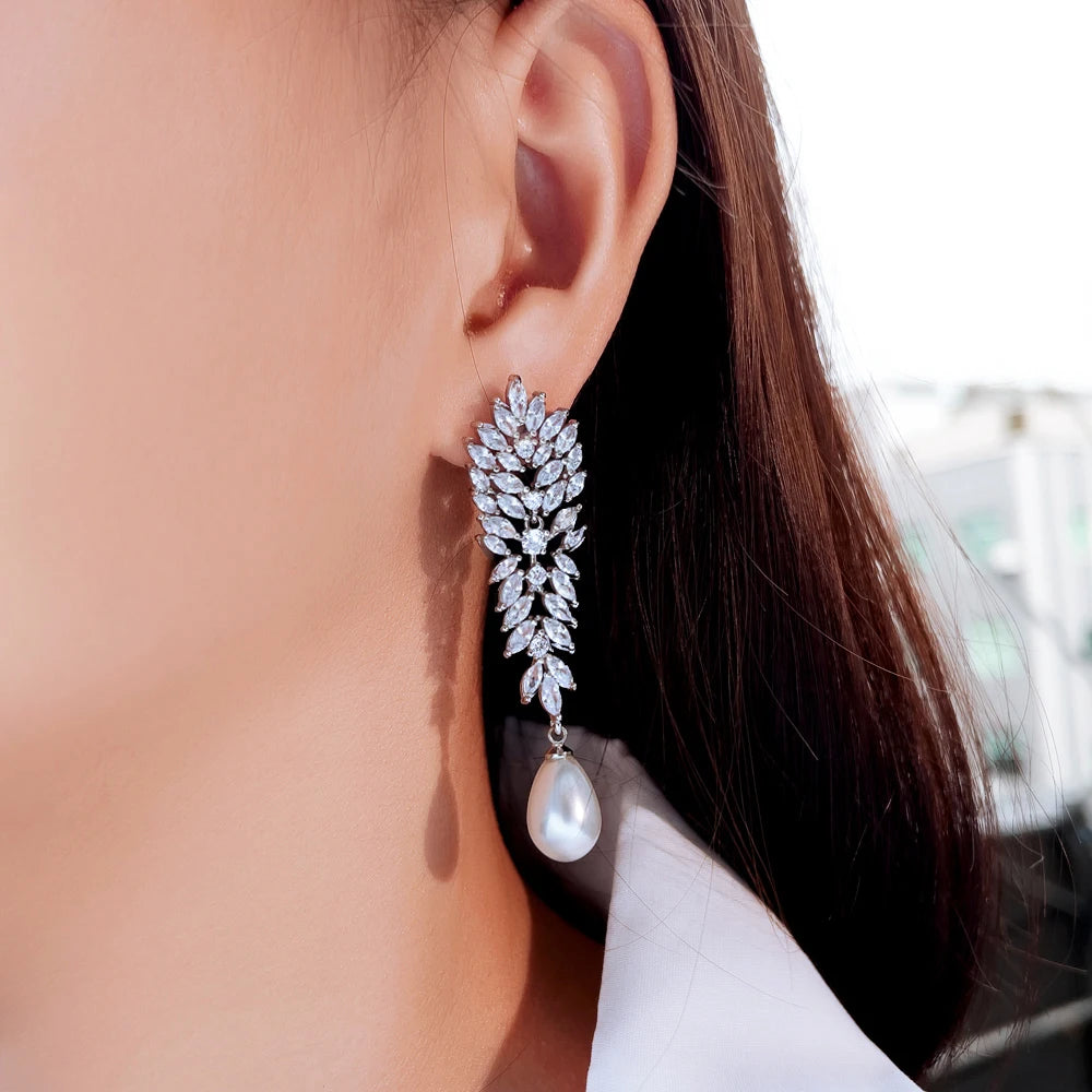 Elegant Shiny Marquise Cut Cubic Zirconia Long Leaf Drop Simulated Pearl Bridal Wedding Party Drop Earrings for Women Jewelry