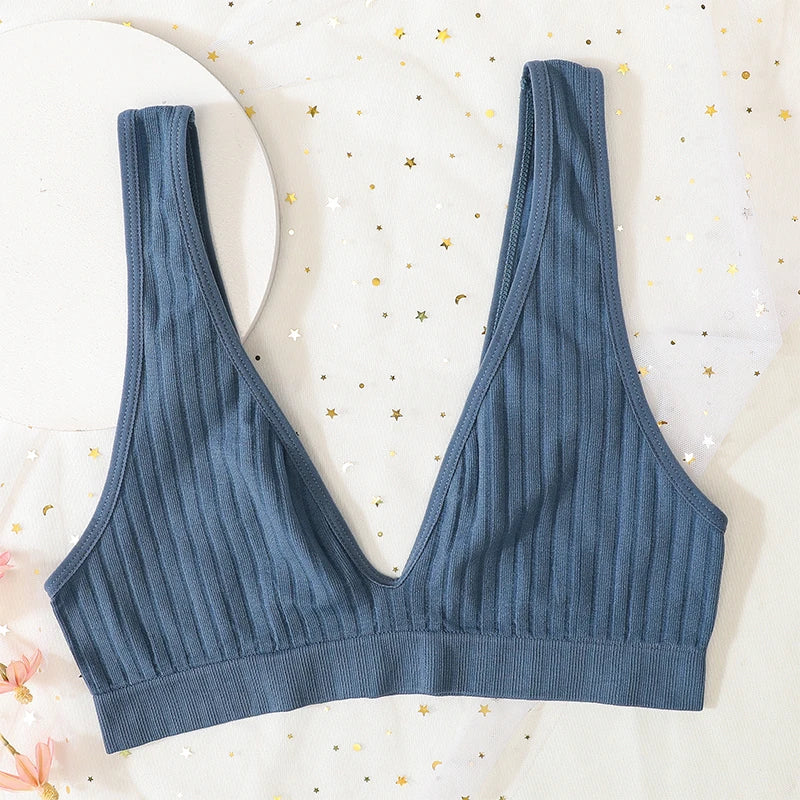 V-neck Push Up Bras For Women Seamless Bra Sexy Lingerie Female Low Back Ribbed Bralette Sleep Underwear Unlined Bra Crop Tops