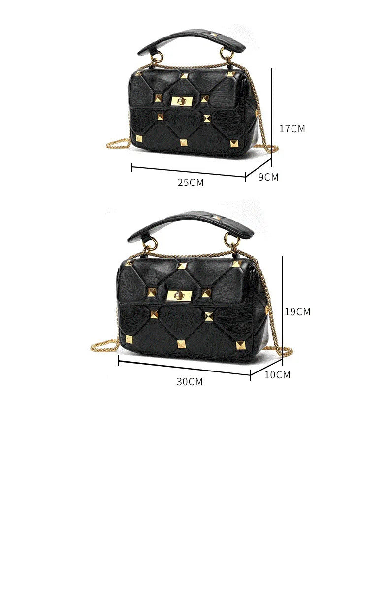 Trendy Leather Square Sheep Leather Designer Black square Shoulder Crossbody Studded Bag Purse Handbags for Women