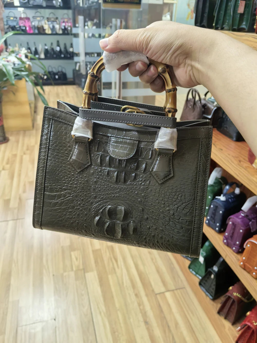 Luxury Real Genuine Women Crocodile Skin Leather Bamboo Handle Crossbody Shoulder Handbags for Women Luxury Bags