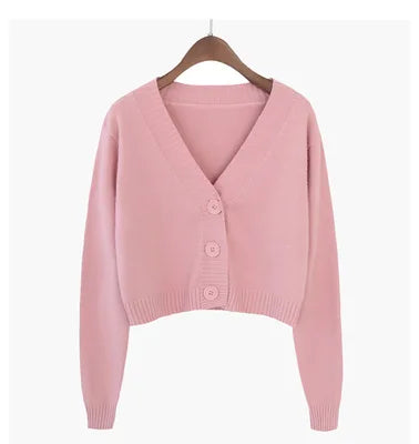 Korea Design Fashion Women's Sweet Style Sweater High Waist Long-sleeve V-neck Knitting Buttons Cardigan