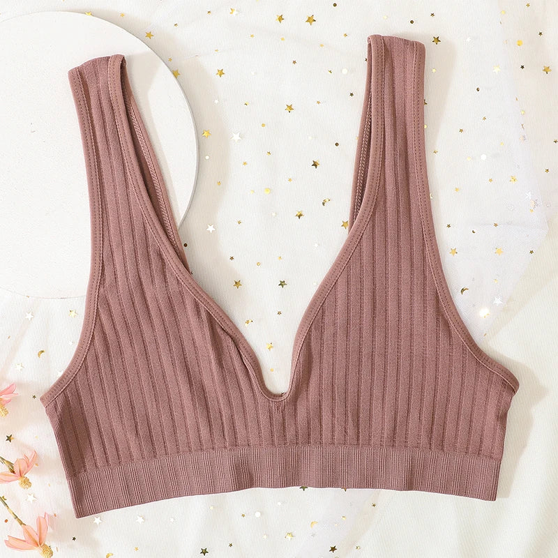 V-neck Push Up Bras For Women Seamless Bra Sexy Lingerie Female Low Back Ribbed Bralette Sleep Underwear Unlined Bra Crop Tops