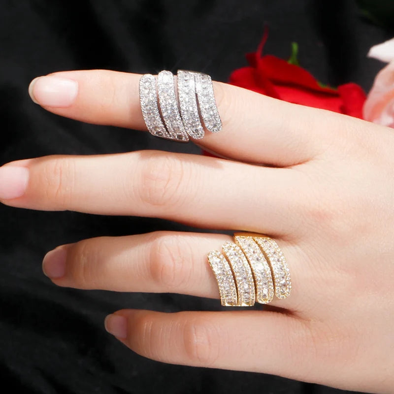 Luxury Dubai Gold Silver Color Cubic Zirconia Big Resizable Ring for Women Cocktail Party Jewelry Accessories
