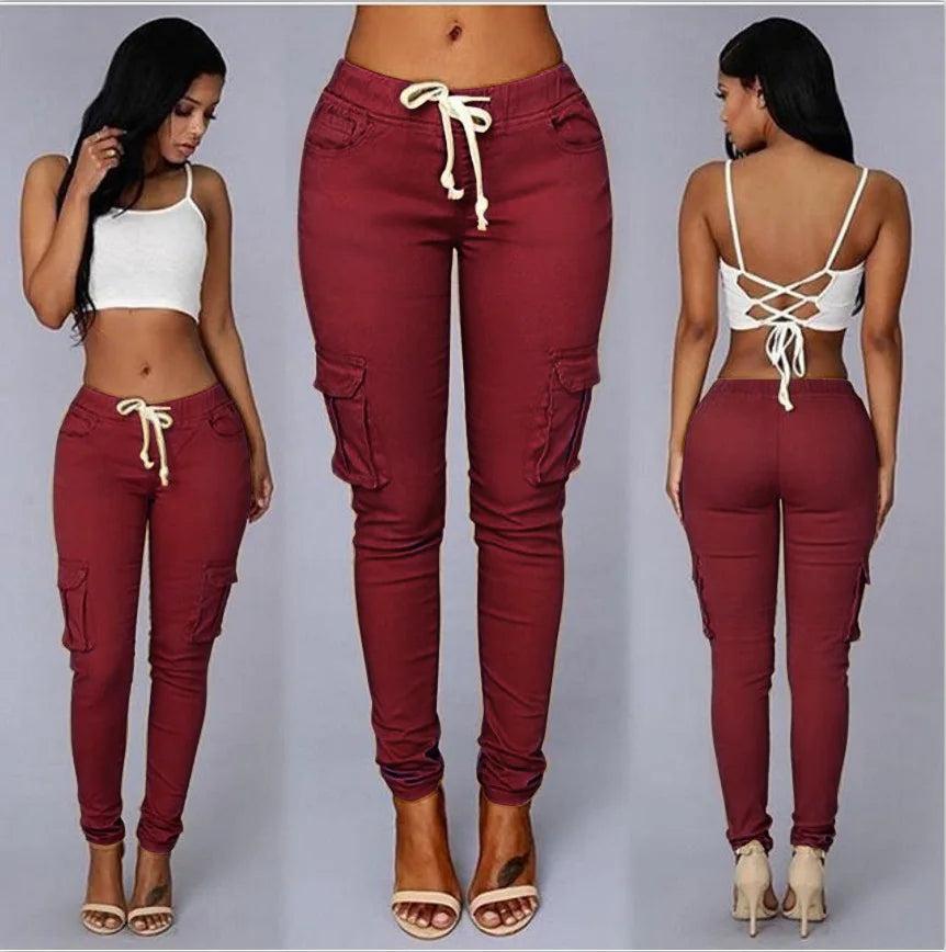 Fall Spring and Summer Pencil Pants Hot Wholesale Women's Pants Overalls Multi-bag Drawstring With Belt Casual Pants