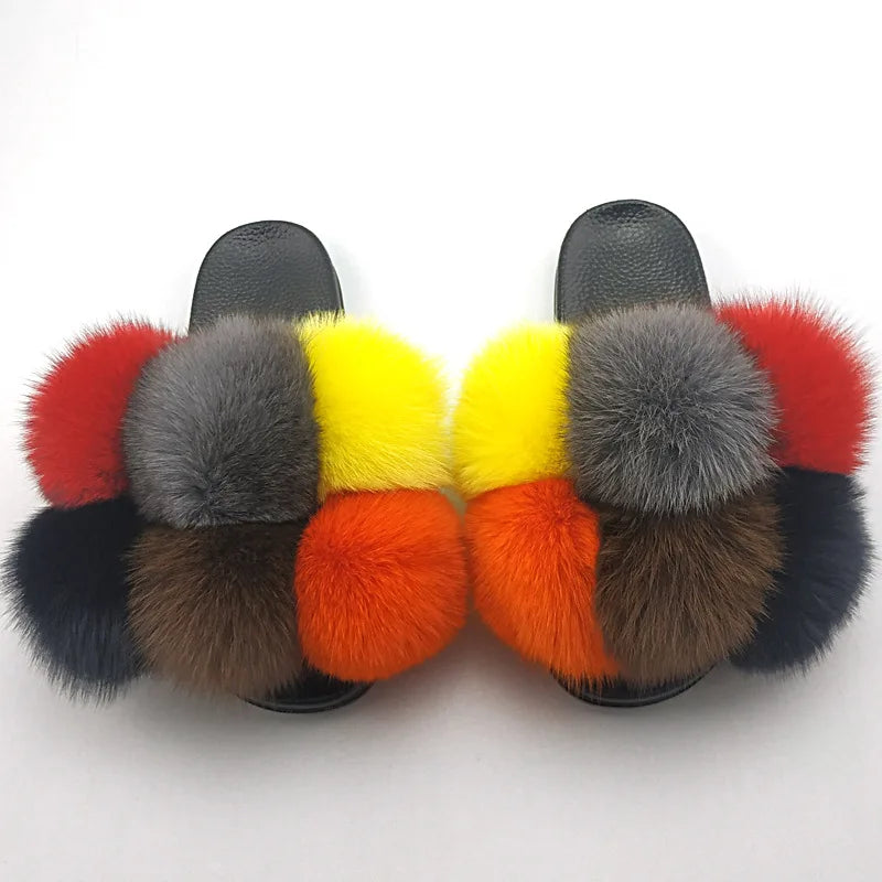 Woman Elegantes Adjustable Slides Fluffy Platform Sandal Rainbow Faux Fur Slippers