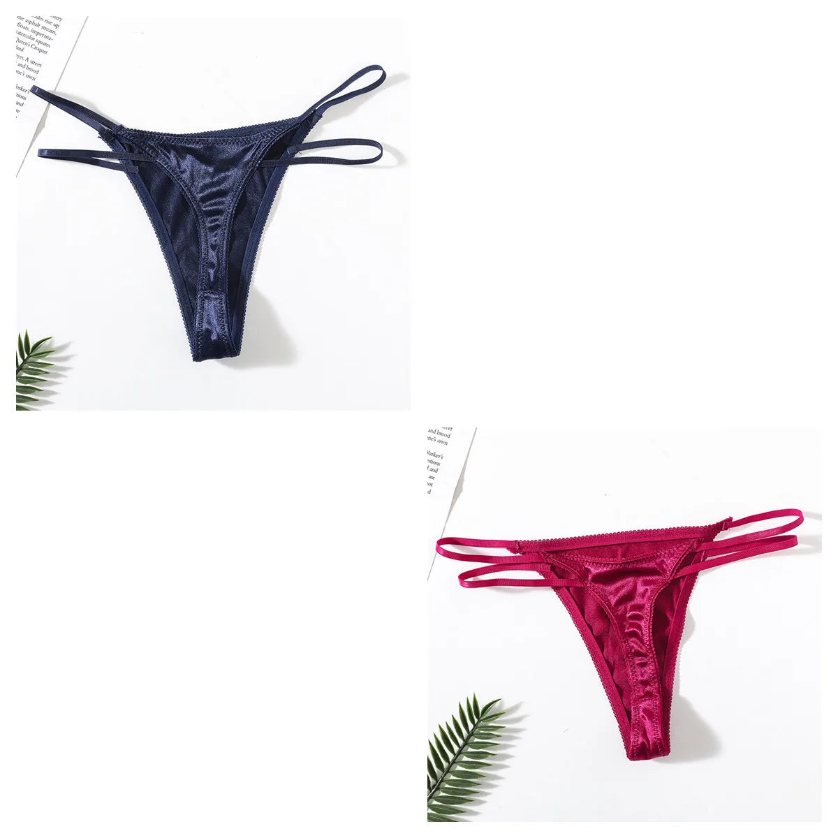 2Pcs/Set Women Panties Low Waist G-string Satin Underwear Female Underpants Solid Color Panty Sexy Lingerie Thongs