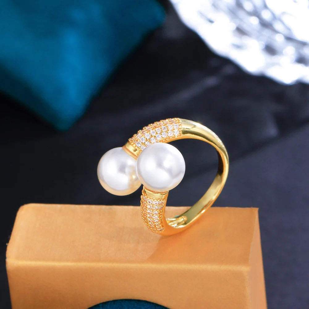 Adjustable Shiny Cubic Zirconia Paved Double Big Pearl Finger Rings for Women Party Engagement Anniversary Weeding Jewelry